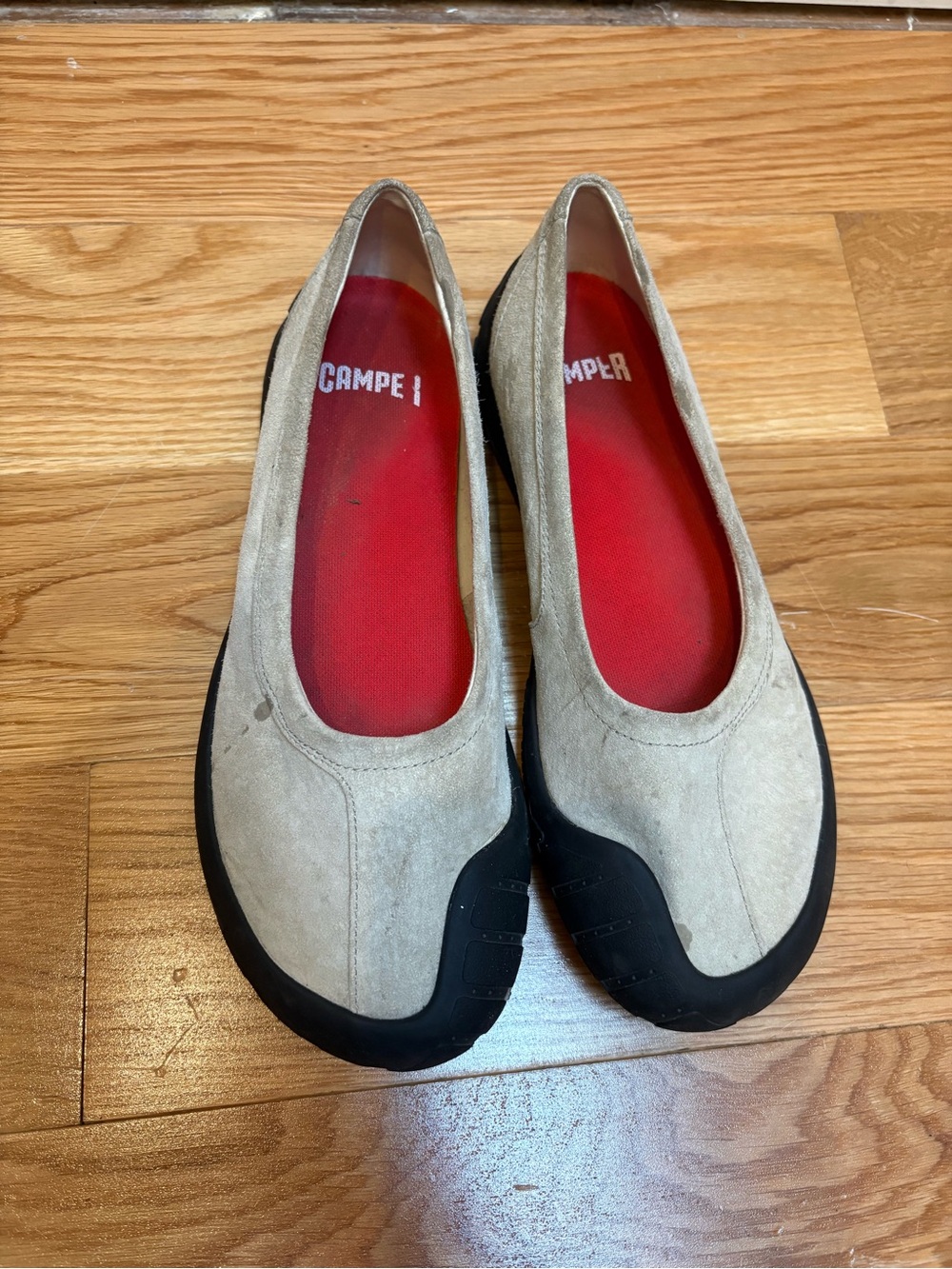 Camper Beige Suede Ballet Flats with Black Rubber Toe